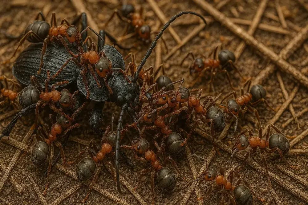Attaque d'un scarabée par les fourmis