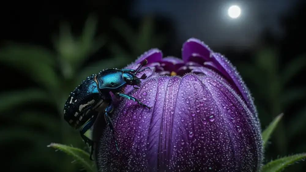 Insecte coléoptère sur fleur la nuit