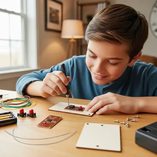 Garçon de 10 ans construisant le télégraphe de la box scientifique Le pouvoir des ondes