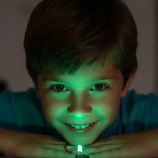 Enfant de 7 ans qui allume une LED de la box de science La pile de Volta
