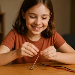 Fille de 8 ans réalisant la box scientifique L'expérience d'Oersted