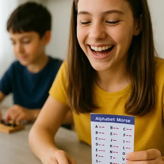 Fille de 11 ans jouant avec l'alphabet Morse de la box de science Le pouvoir des ondes